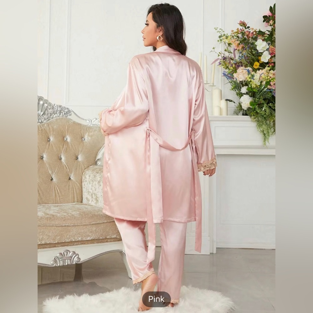 Blush Pink 3-piece Sets Silk Satin Cami Top & Pants With Robe Pajama Set - Picture 2 of 8